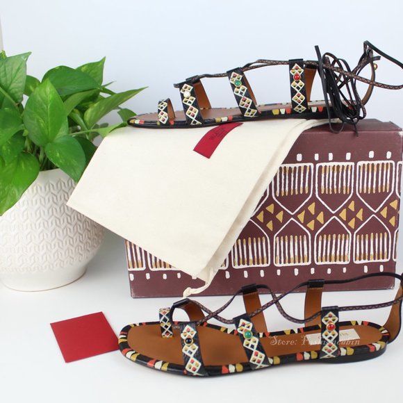 NEW VALENTINO GARAVANI Runway Sandal–Ankle Wrap Embellished Flat Gladiator Style - Picture 2 of 12